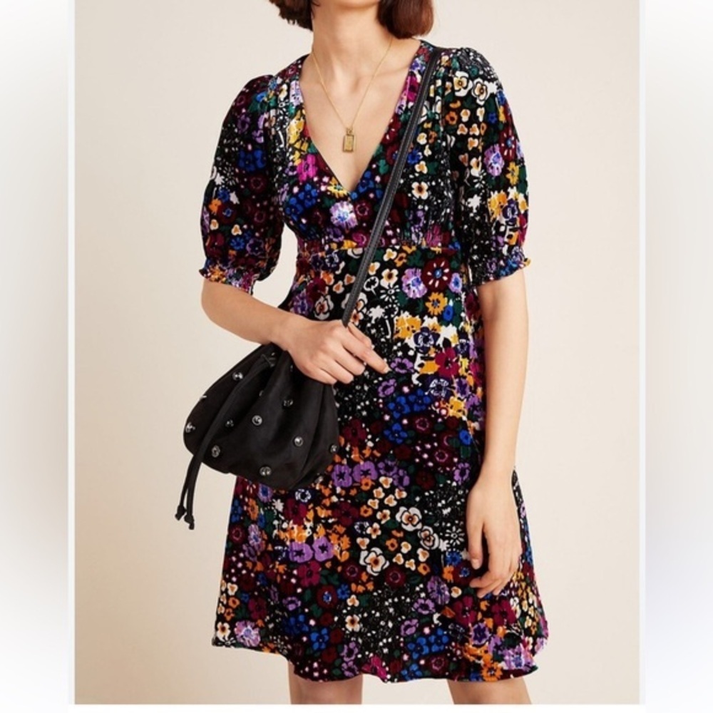 Anthropologie Francie Floral Velvet Puff Sleeve Mini Dress